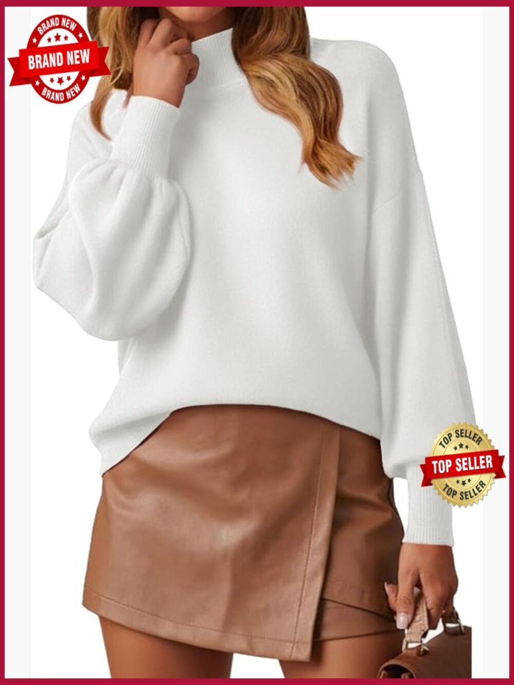Women's Mock Neck Long Lantern Sleeve Lightweight Knit Pullover Sweater Tops